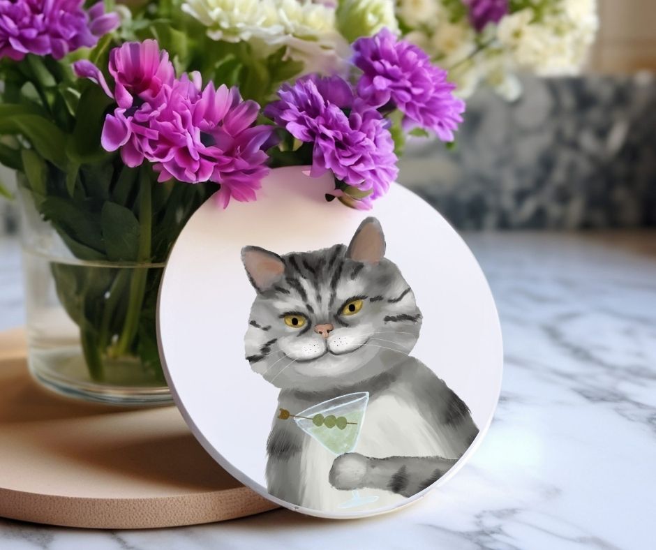 Gray Tabby Cat with Martini Ceramic Coaster - MerikaArt