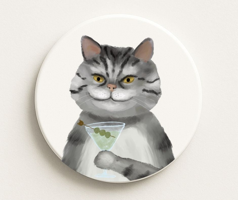 Gray Tabby Cat with Martini Ceramic Coaster - MerikaArt