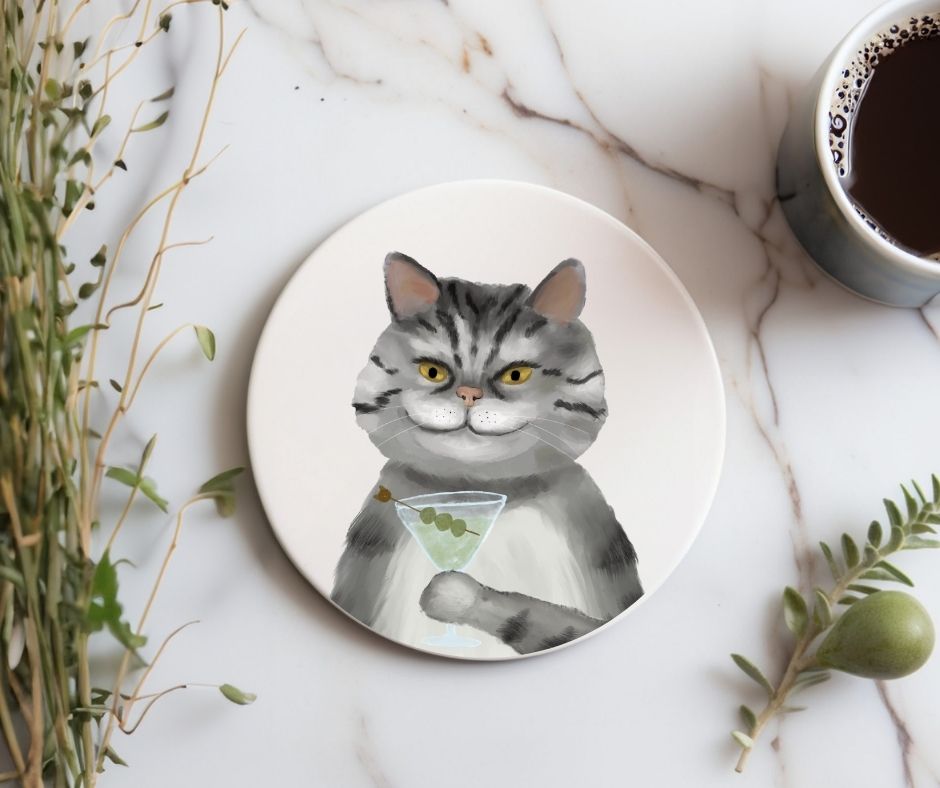 Gray Tabby Cat with Martini Ceramic Coaster - MerikaArt
