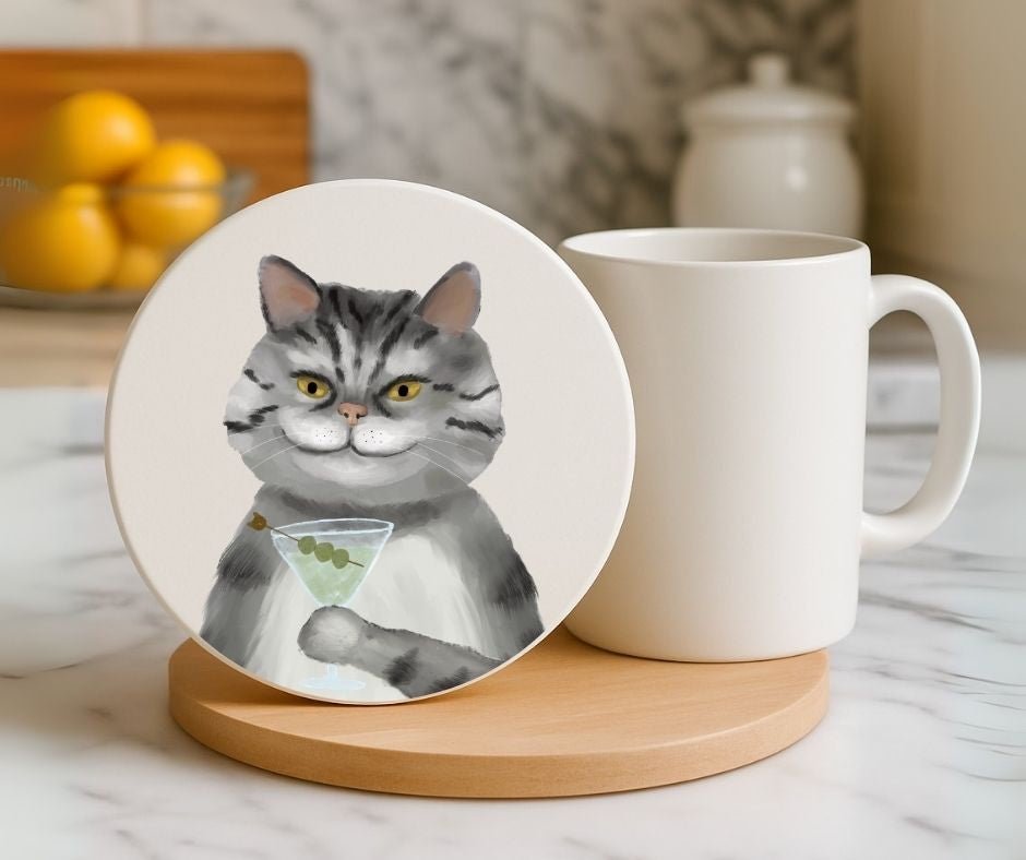 Gray Tabby Cat with Martini Ceramic Coaster - MerikaArt