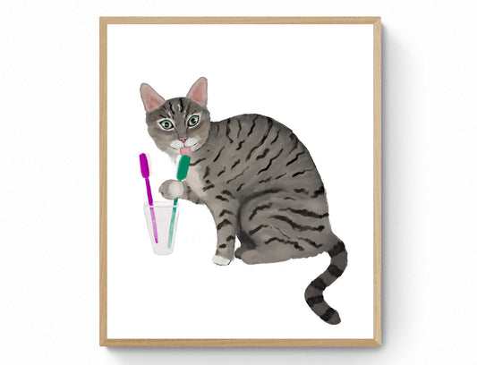 Gray Tabby Cat with Toothbrushes Art Print – Fun Bathroom Wall Decor - MerikaArt