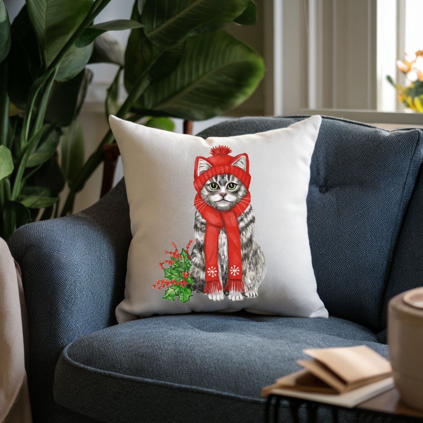 Gray Tabby Christmas Cat Pillow - MerikaArt