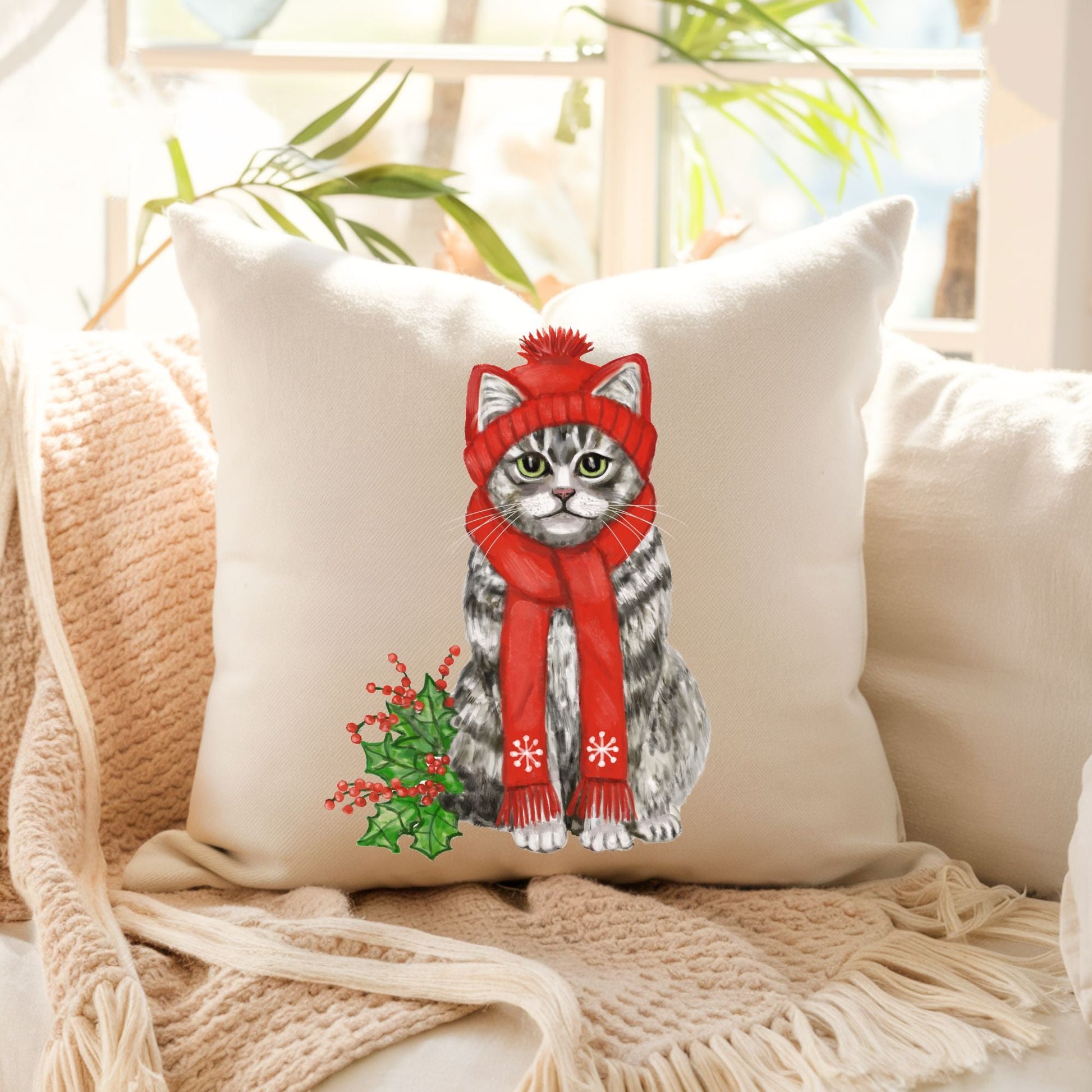 Gray Tabby Christmas Cat Pillow - MerikaArt