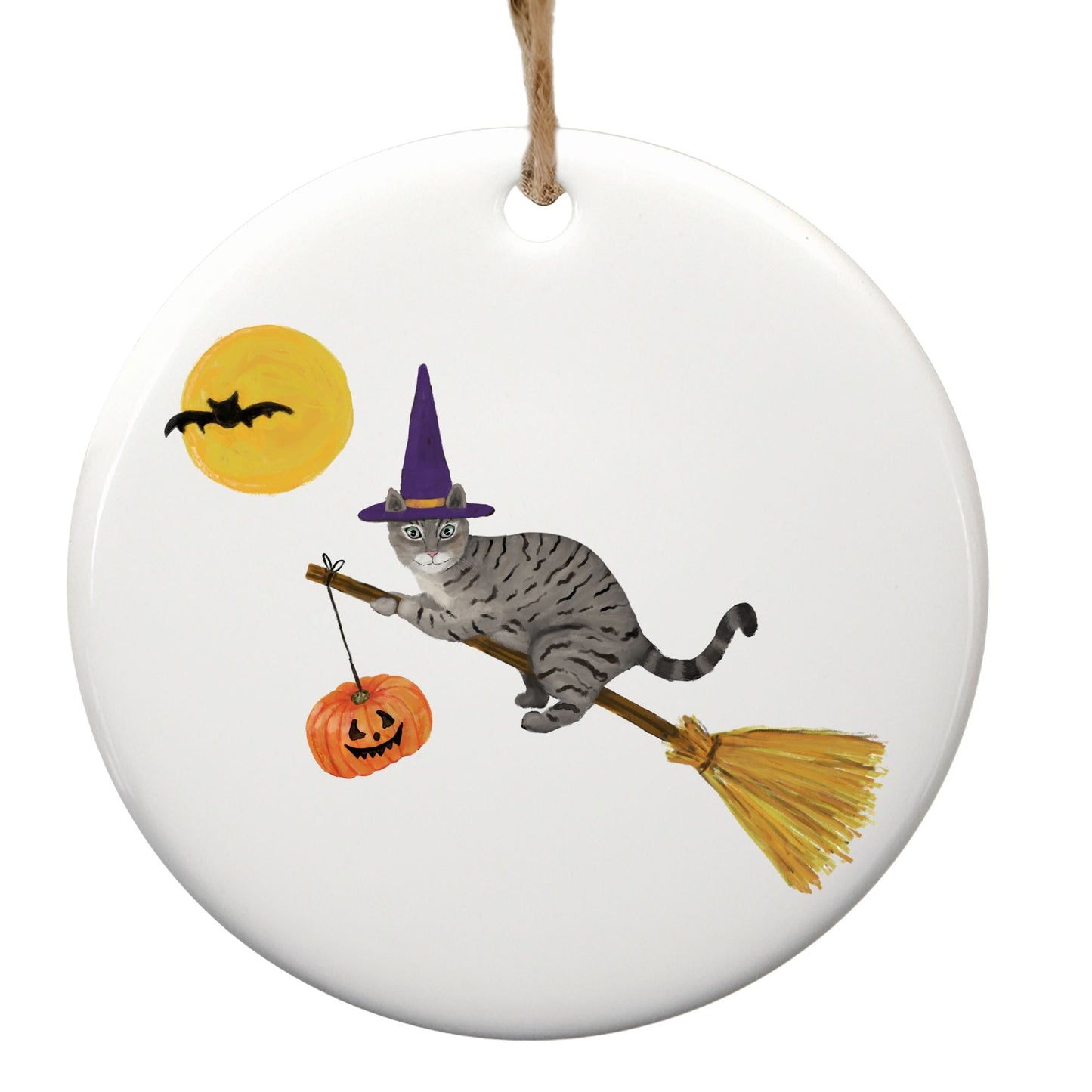 Gray Tabby Witch Cat on Broom Ceramic Ornament - MerikaArt