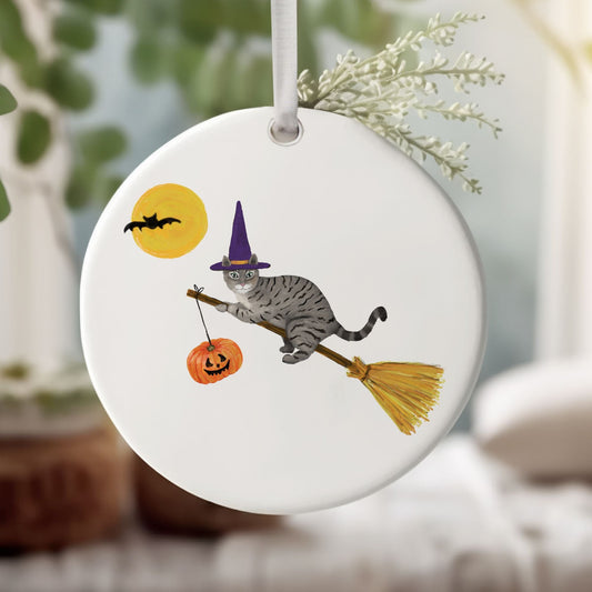Gray Tabby Witch Cat on Broom Ceramic Ornament - MerikaArt