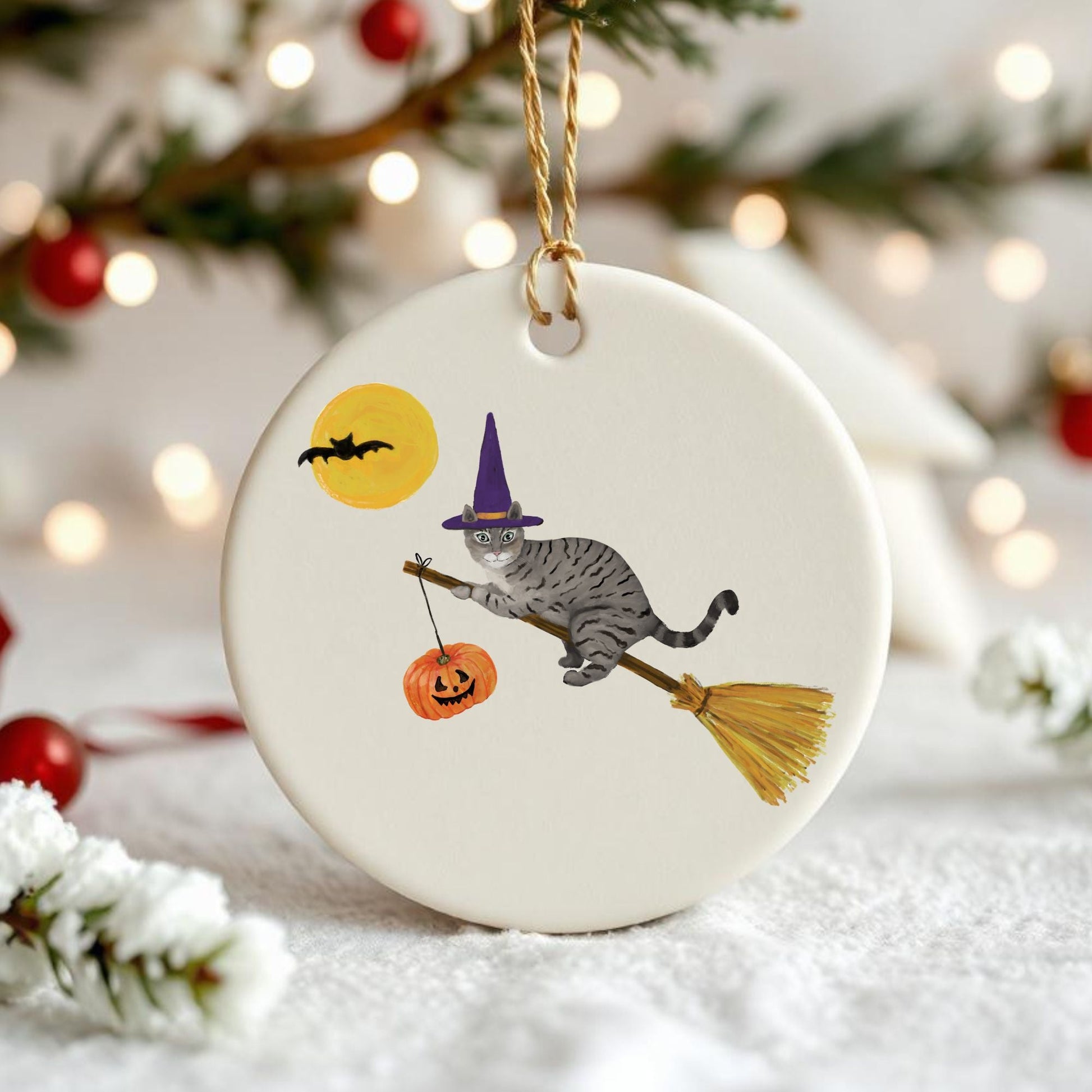 Gray Tabby Witch Cat on Broom Ceramic Ornament - MerikaArt