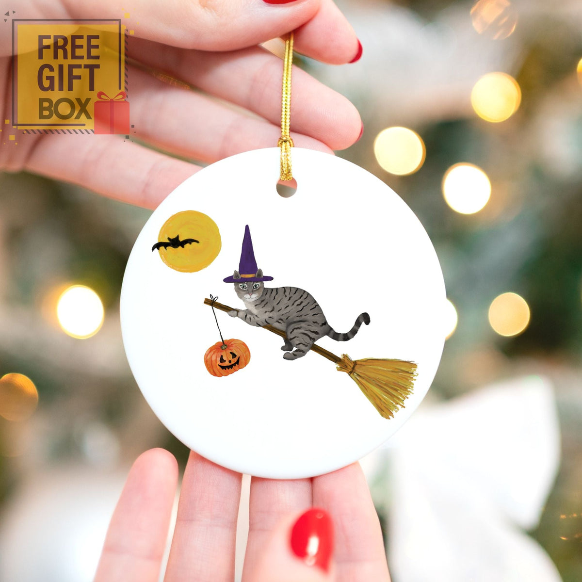 Gray Tabby Witch Cat on Broom Ceramic Ornament - MerikaArt