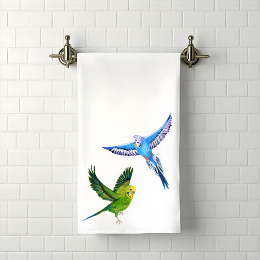Green and Blue Flying Budgies Bathroom Towel - MerikaArt