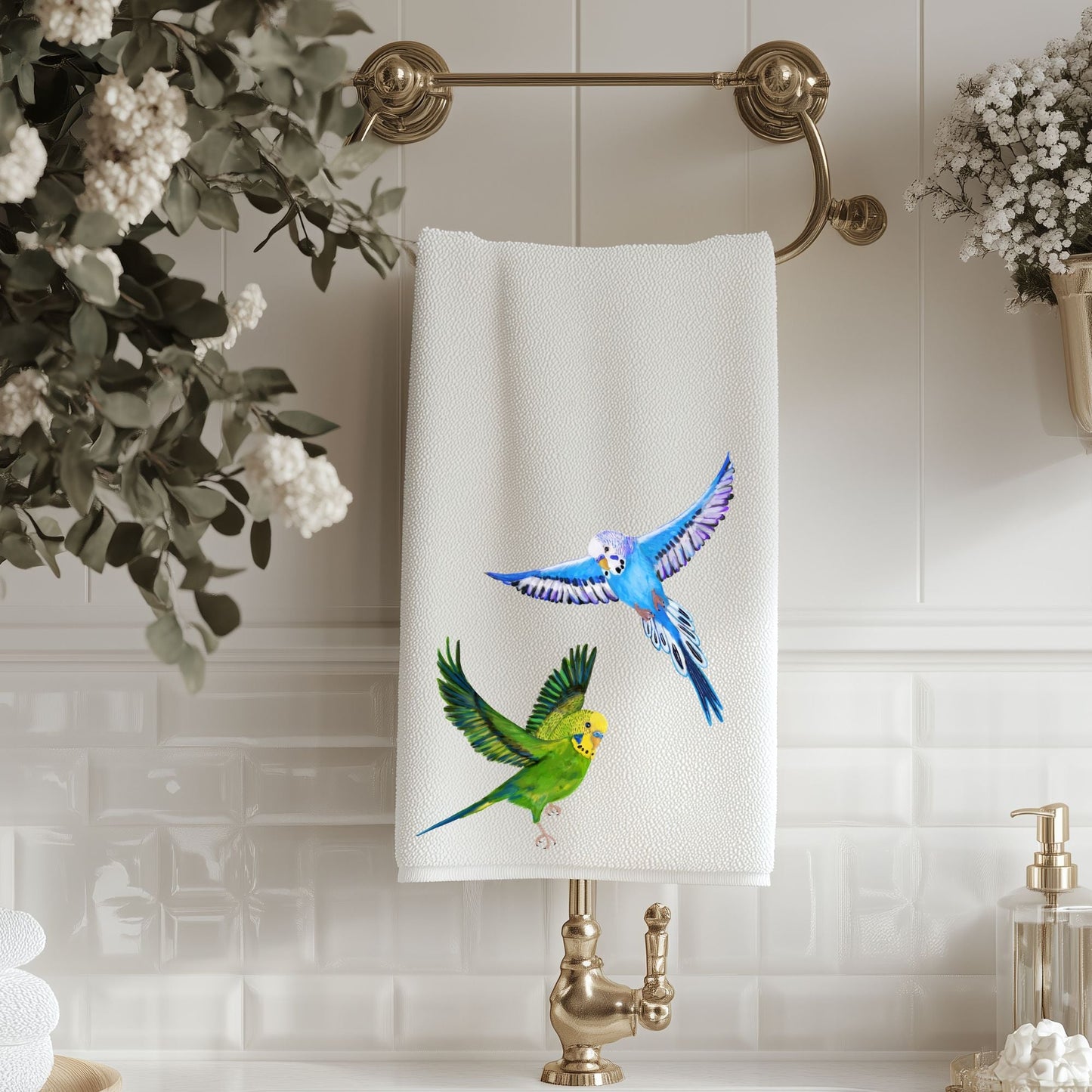 Green and Blue Flying Budgies Bathroom Towel - MerikaArt