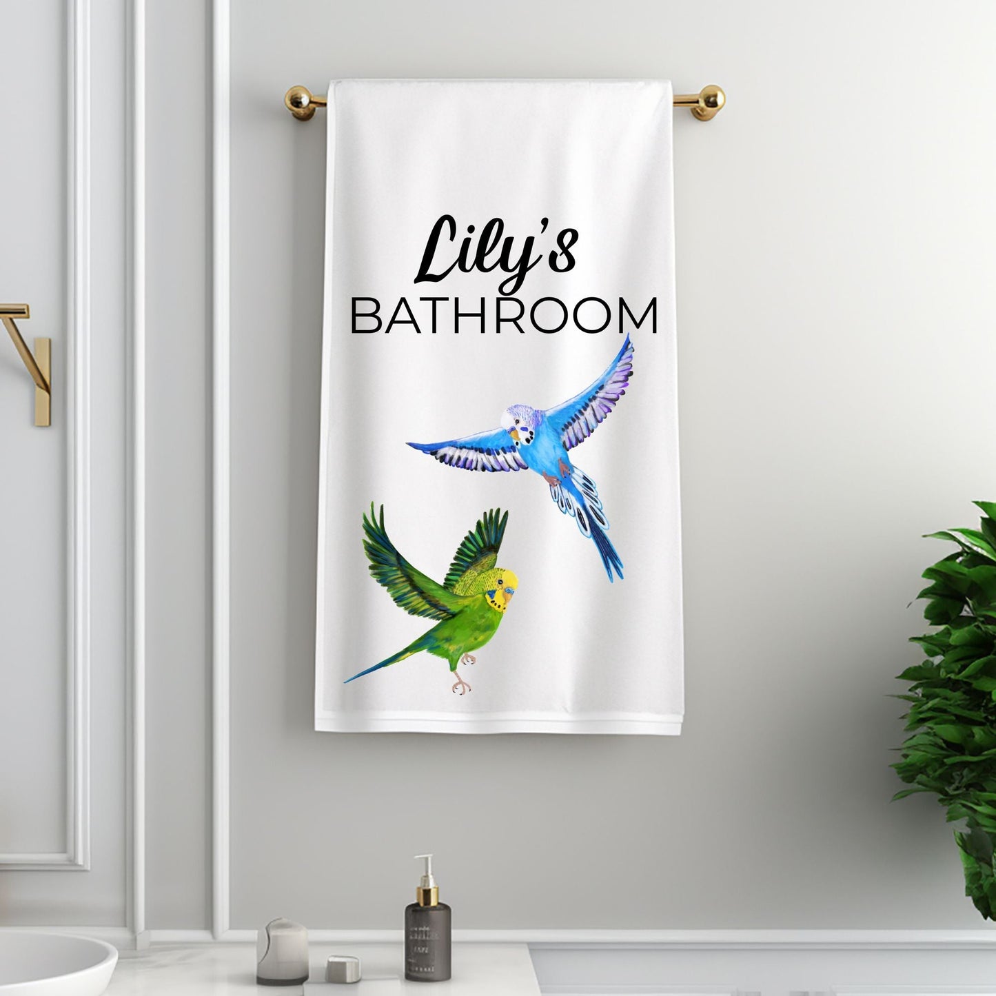 Green and Blue Flying Budgies Bathroom Towel - MerikaArt