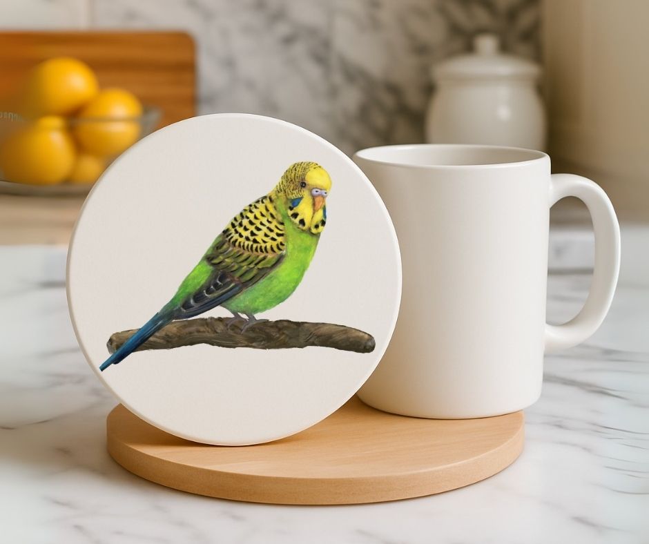 Green and Yellow Budgerigar Ceramic Coaster - MerikaArt