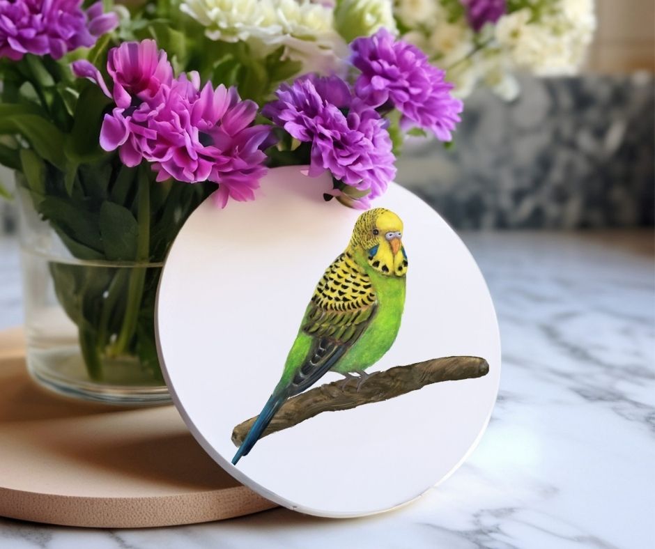 Green and Yellow Budgerigar Ceramic Coaster - MerikaArt