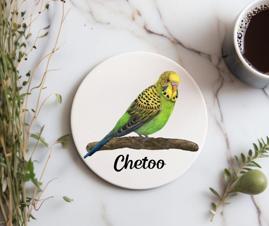 Green and Yellow Budgerigar Ceramic Coaster - MerikaArt