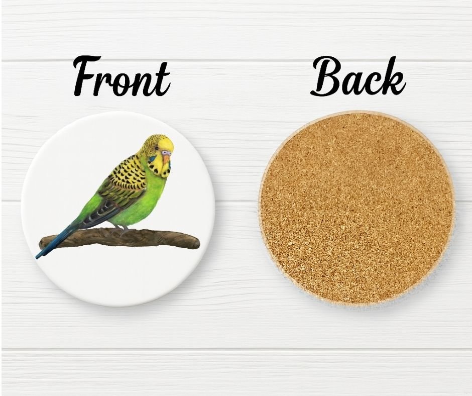Green and Yellow Budgerigar Ceramic Coaster - MerikaArt