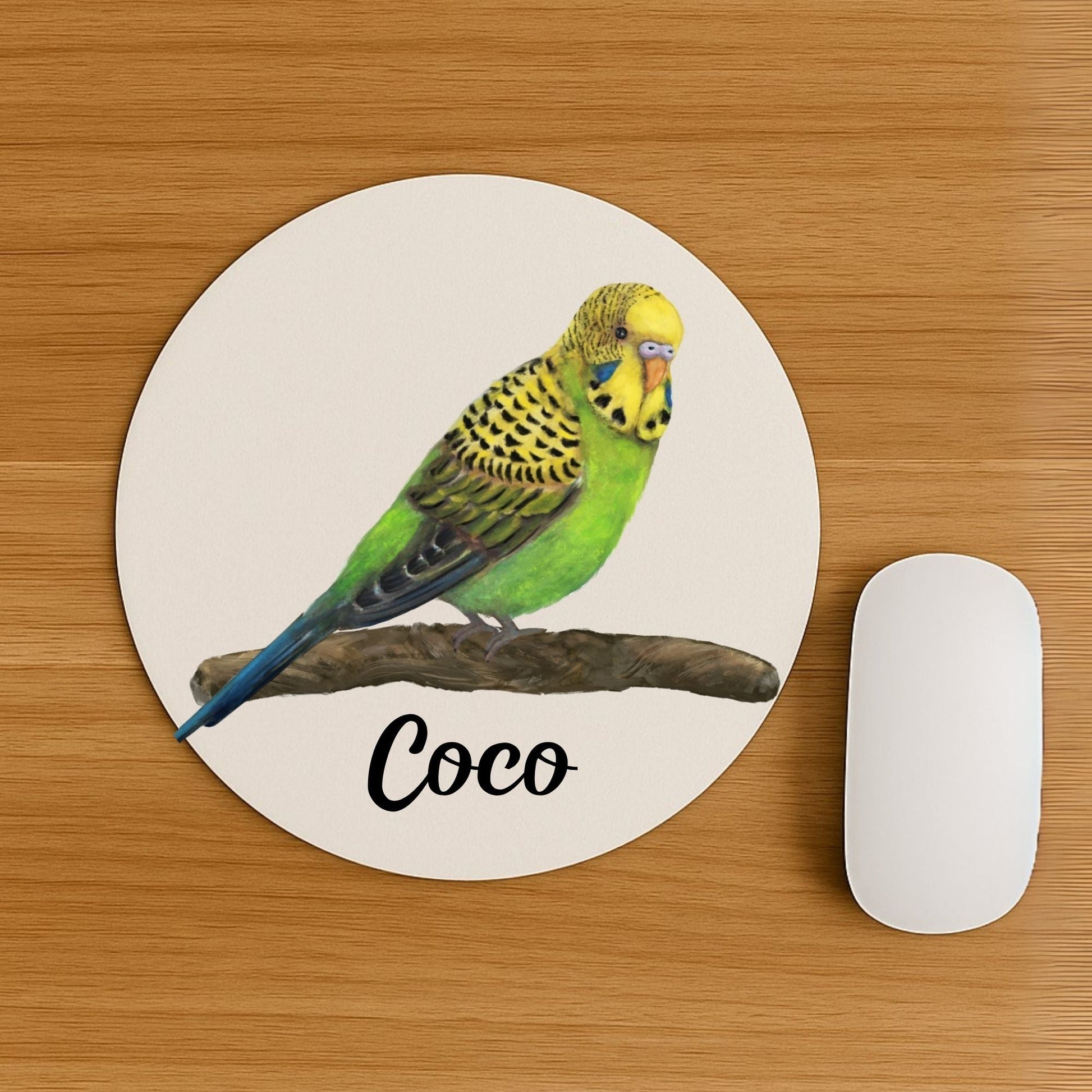 Green and Yellow Budgerigar Mousepad - MerikaArt