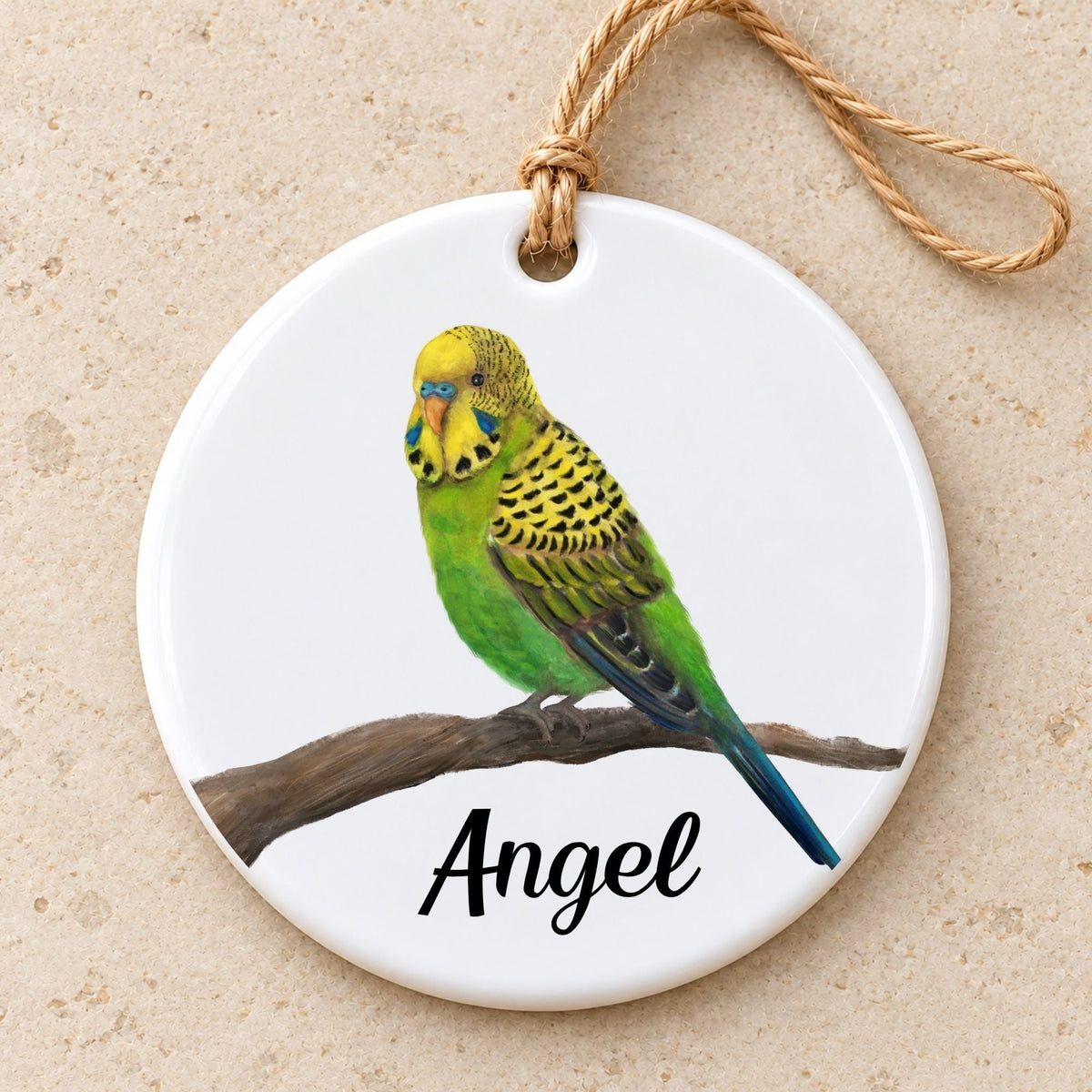 Green and Yellow Budgie Ceramic Ornament - MerikaArt