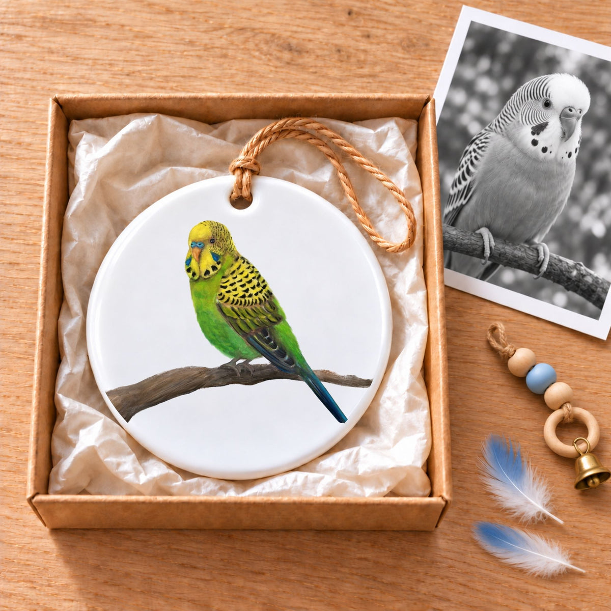Green and Yellow Budgie Ceramic Ornament - MerikaArt