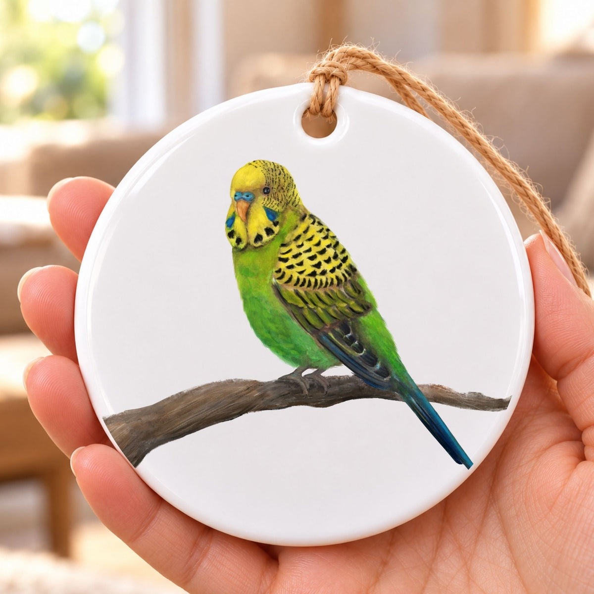 Green and Yellow Budgie Ceramic Ornament - MerikaArt