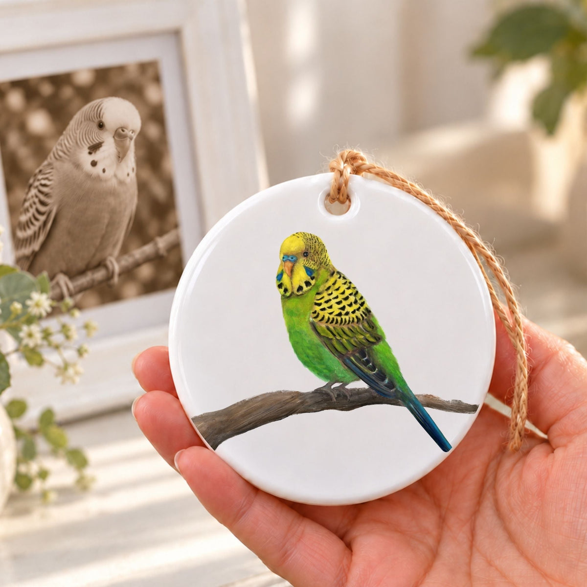 Green and Yellow Budgie Ceramic Ornament - MerikaArt