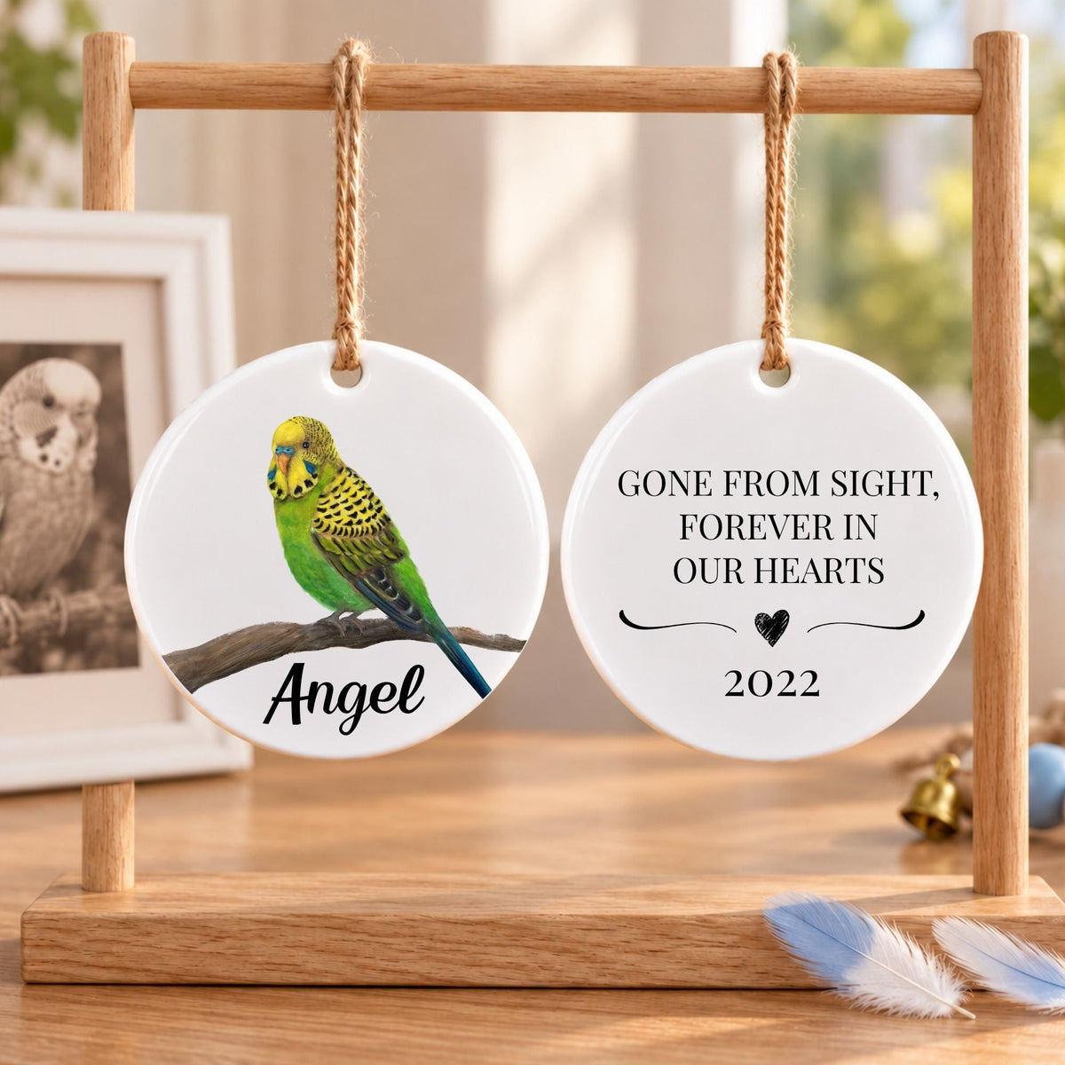 Green and Yellow Budgie Ceramic Ornament - MerikaArt