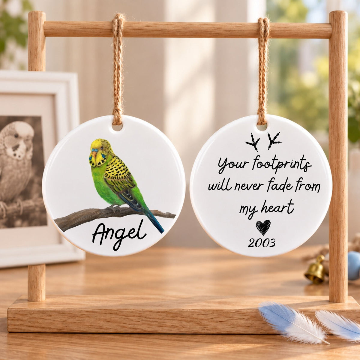 Green and Yellow Budgie Ceramic Ornament - MerikaArt