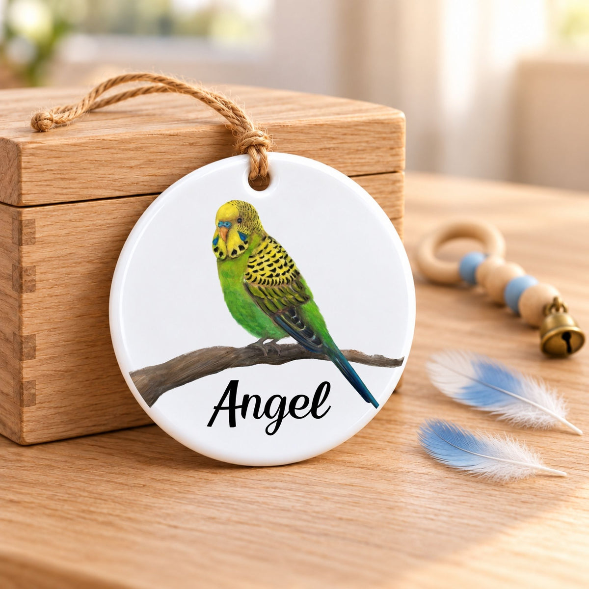 Green and Yellow Budgie Ceramic Ornament - MerikaArt