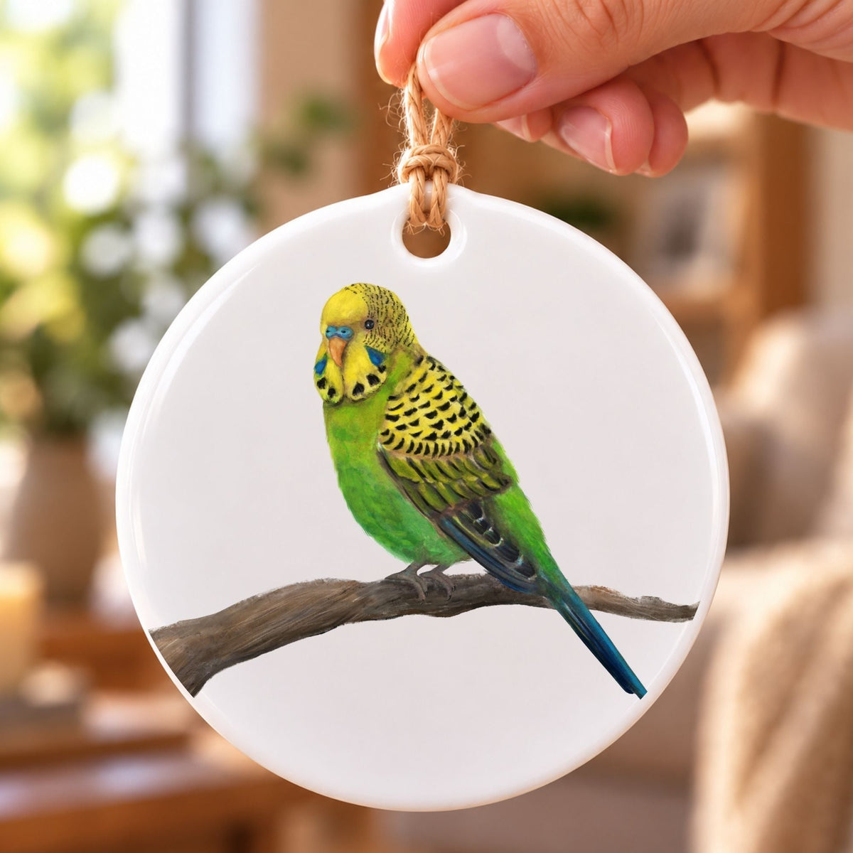 Green and Yellow Budgie Ceramic Ornament - MerikaArt
