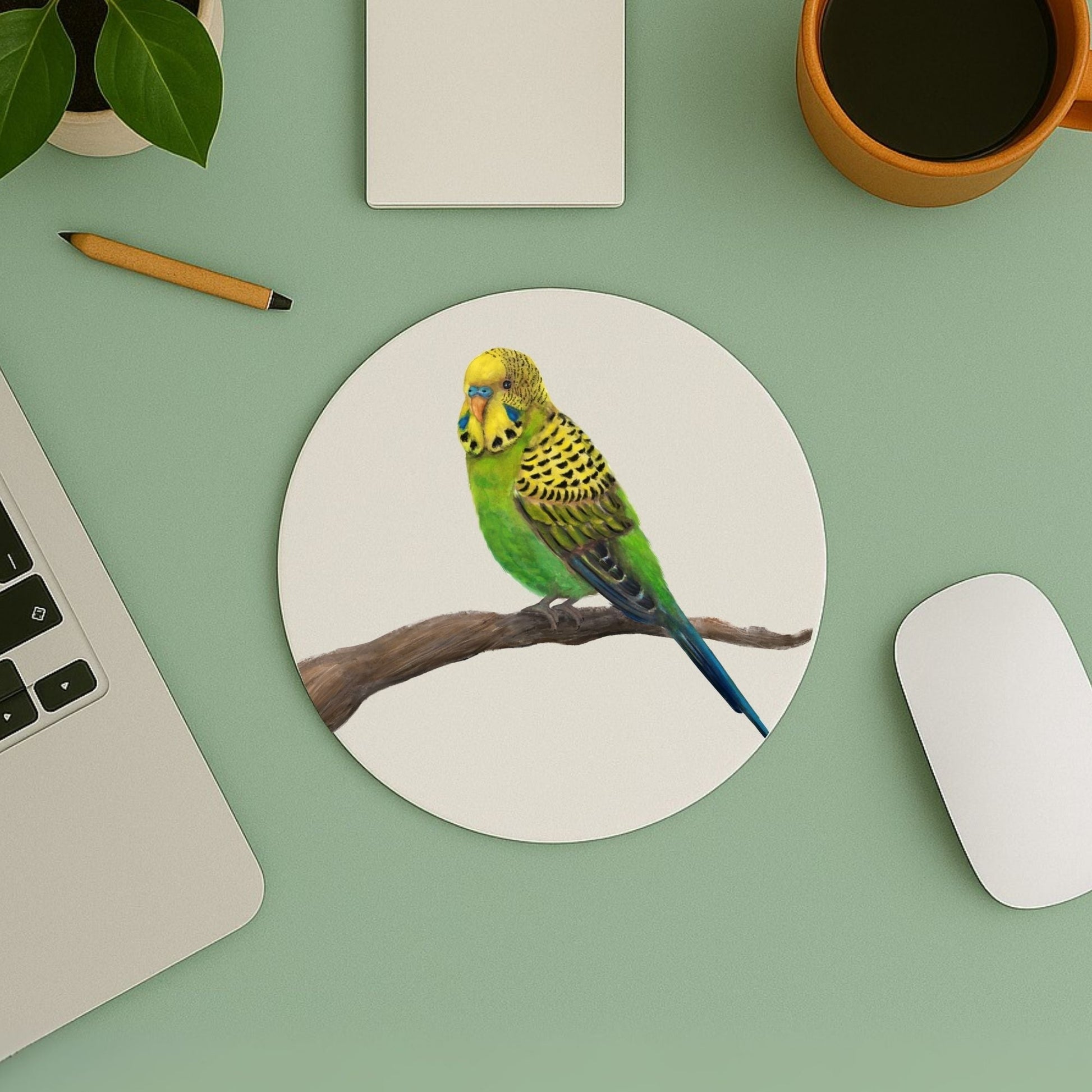 Green and Yellow Budgie Mousepad - MerikaArt
