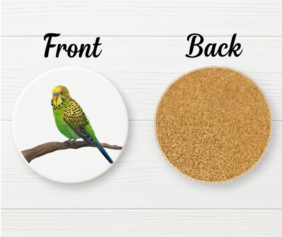 Green and Yellow Parakeet Ceramic Coaster - MerikaArt