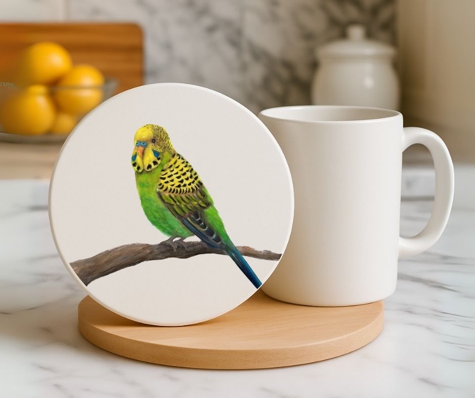 Green and Yellow Parakeet Ceramic Coaster - MerikaArt