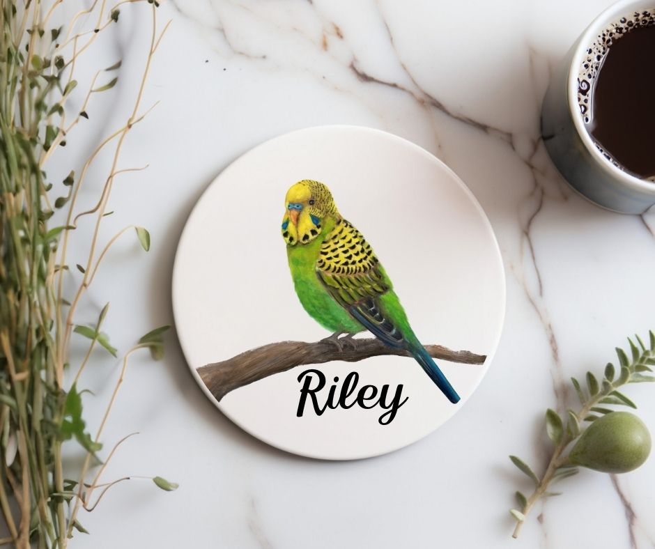 Green and Yellow Parakeet Ceramic Coaster - MerikaArt