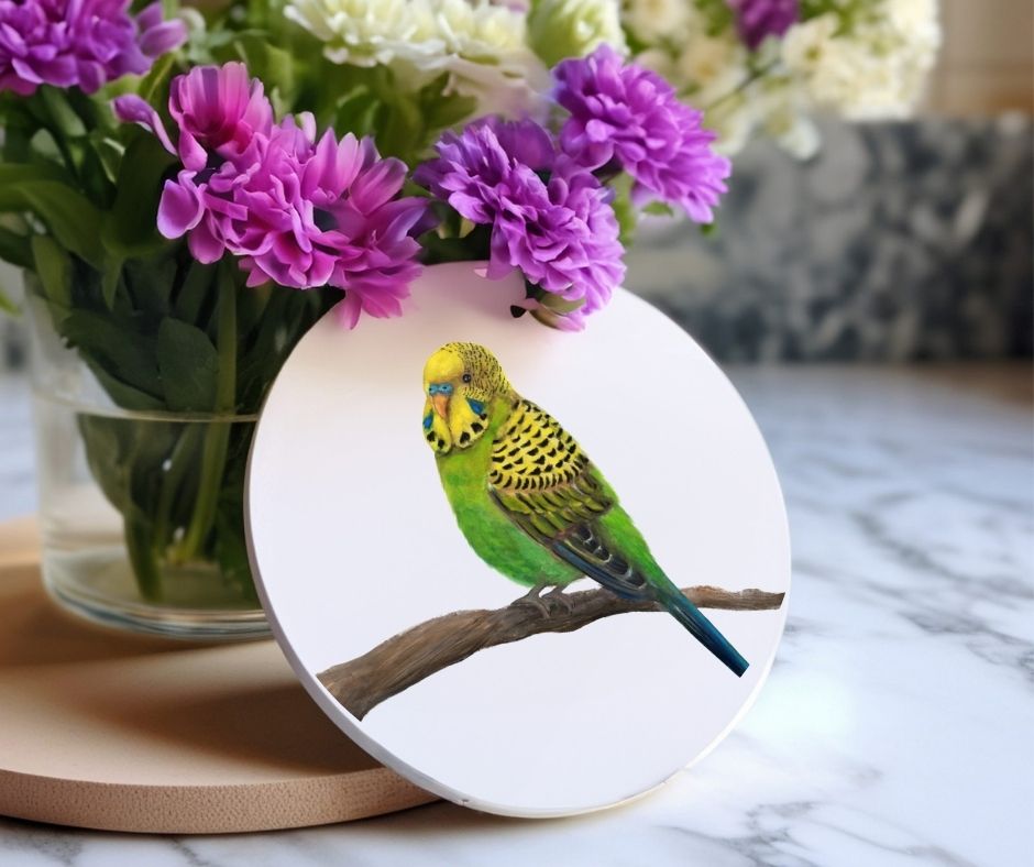 Green and Yellow Parakeet Ceramic Coaster - MerikaArt