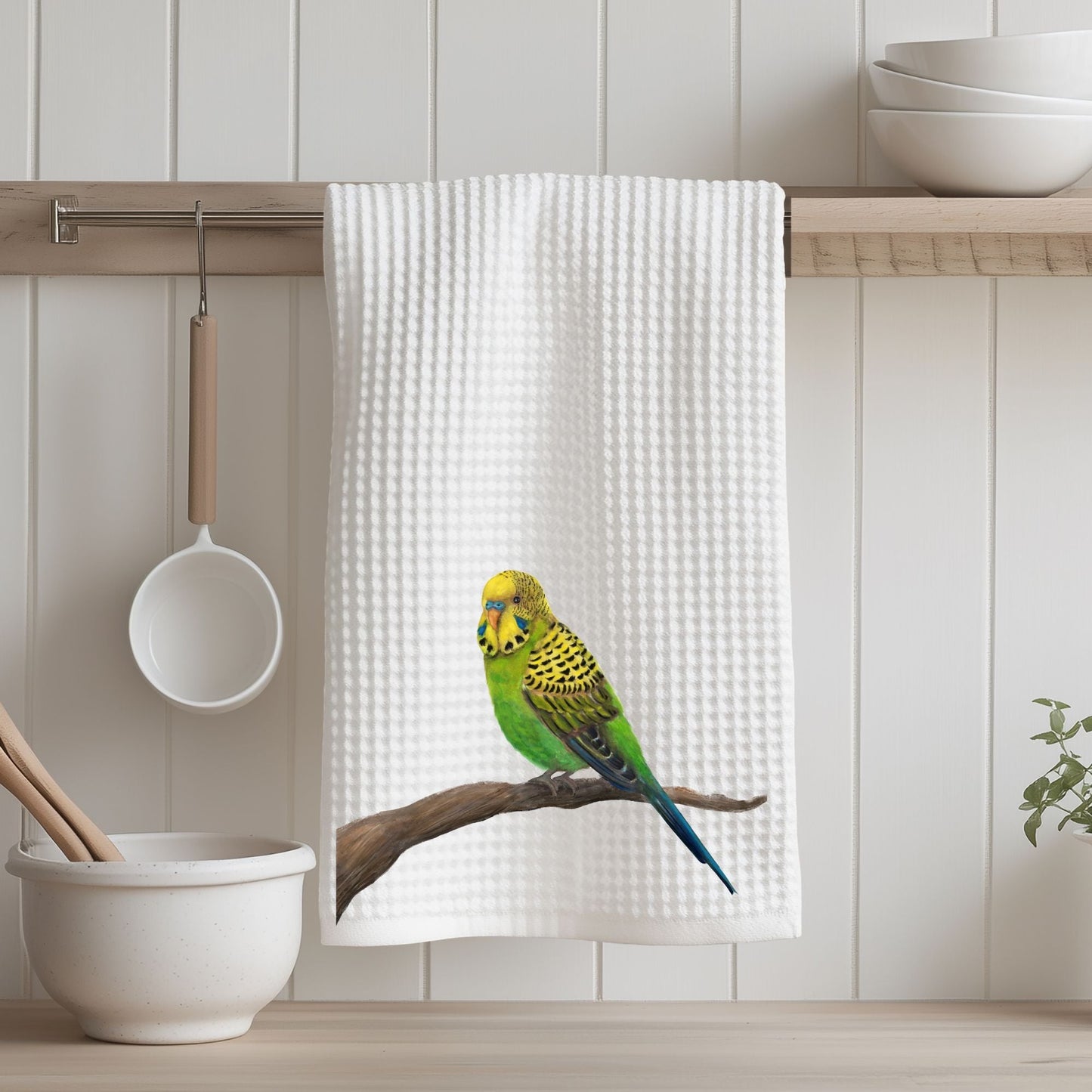 Green Budgerigar Kitchen Towel - MerikaArt