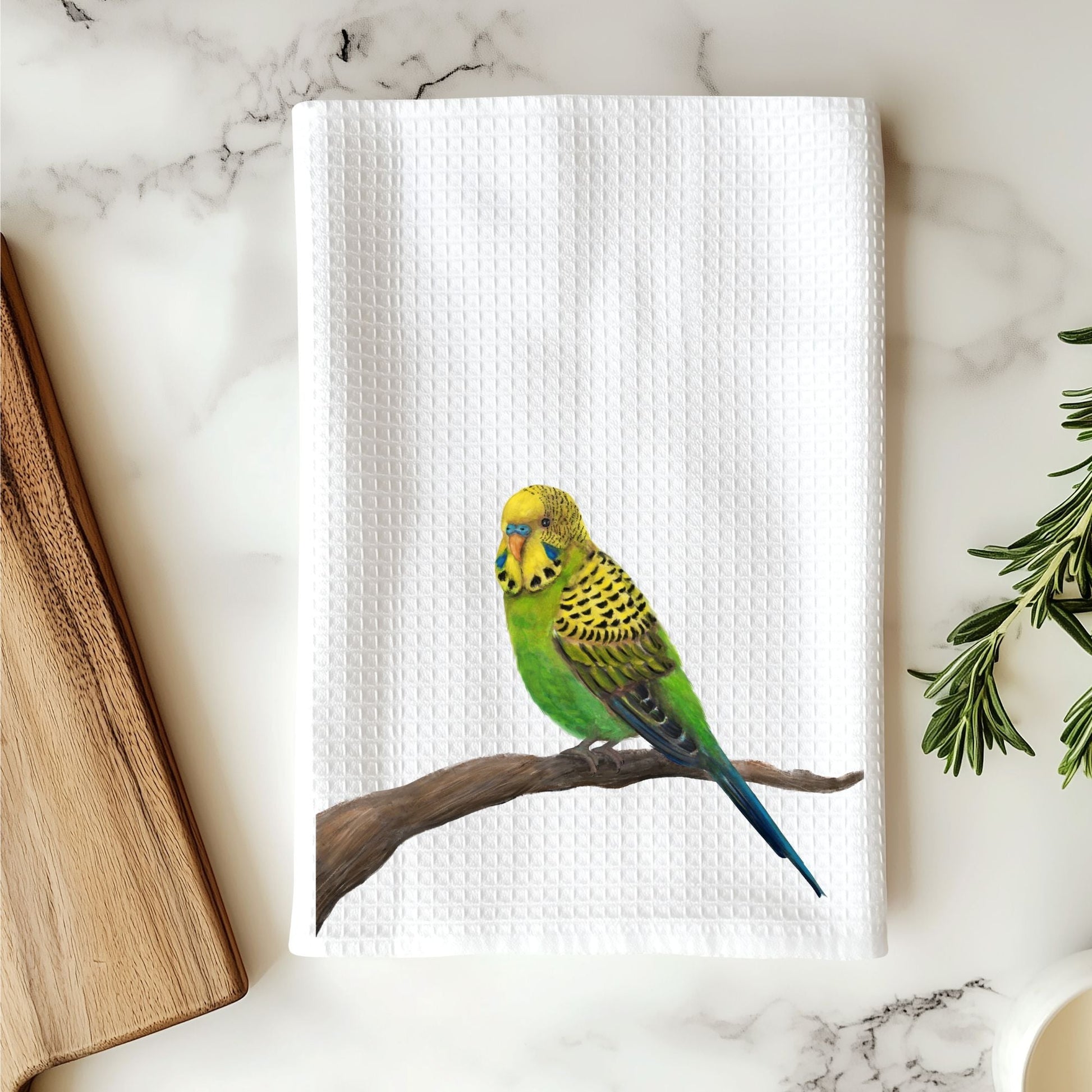 Green Budgerigar Kitchen Towel - MerikaArt