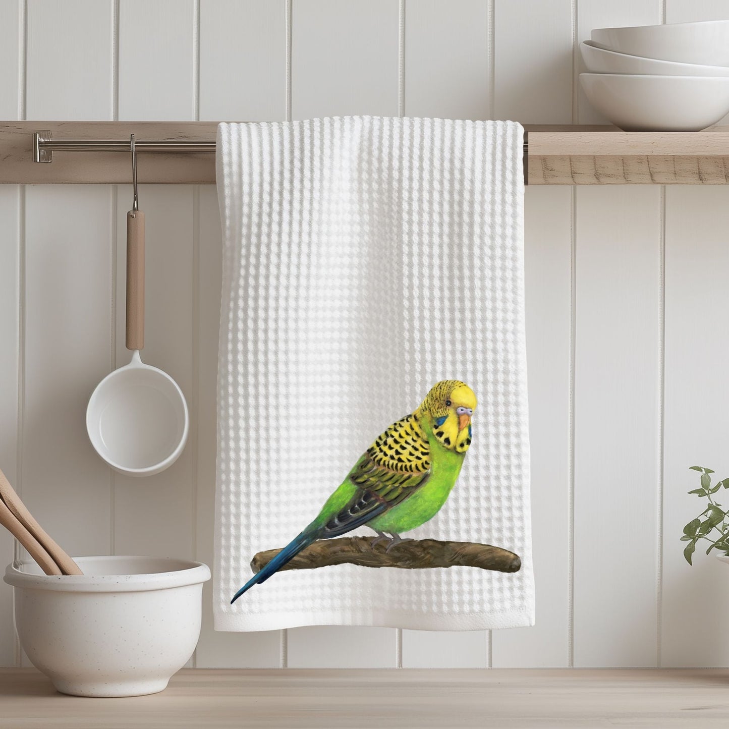 Green Budgerigar Kitchen Towel - MerikaArt