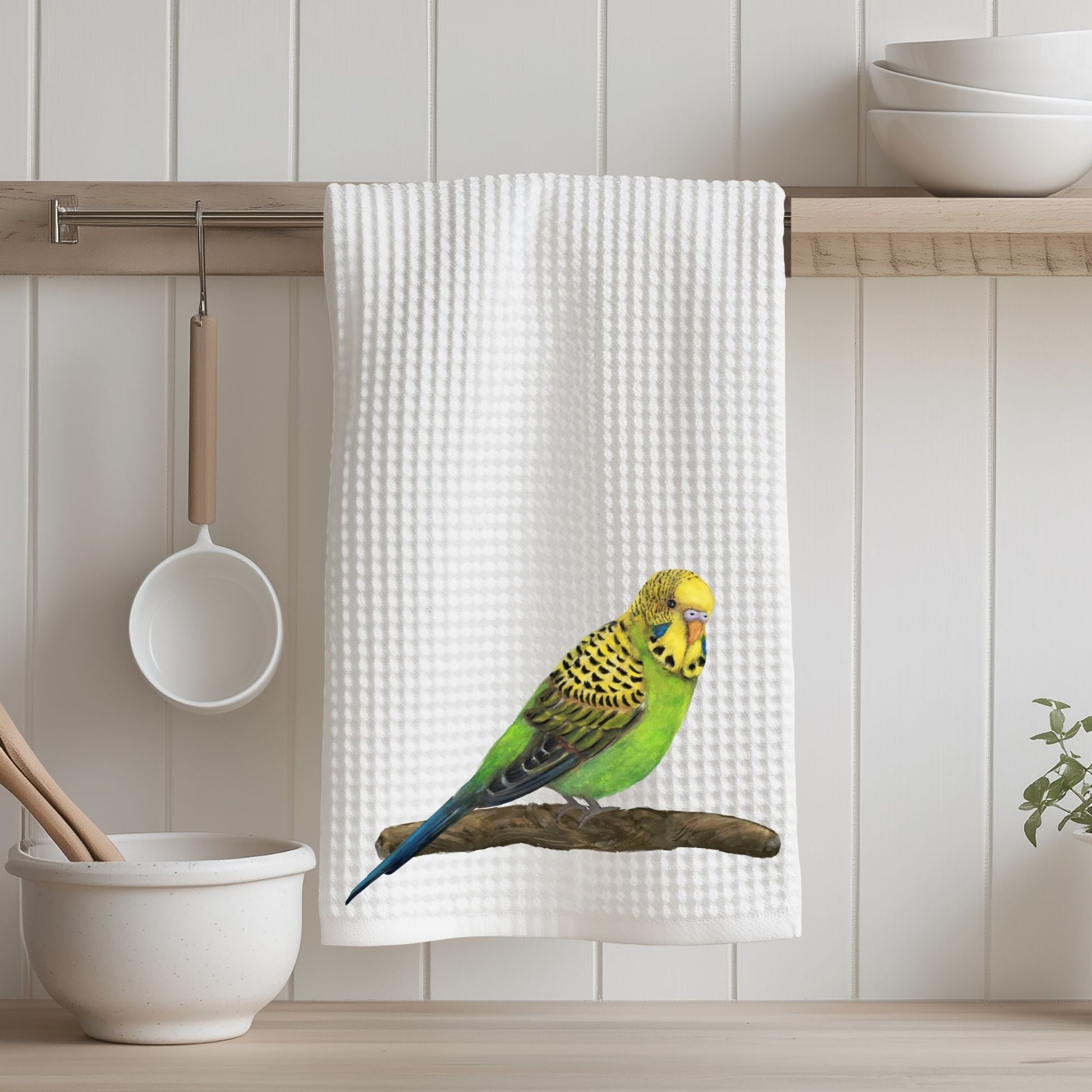 Green Budgerigar Kitchen Towel - MerikaArt