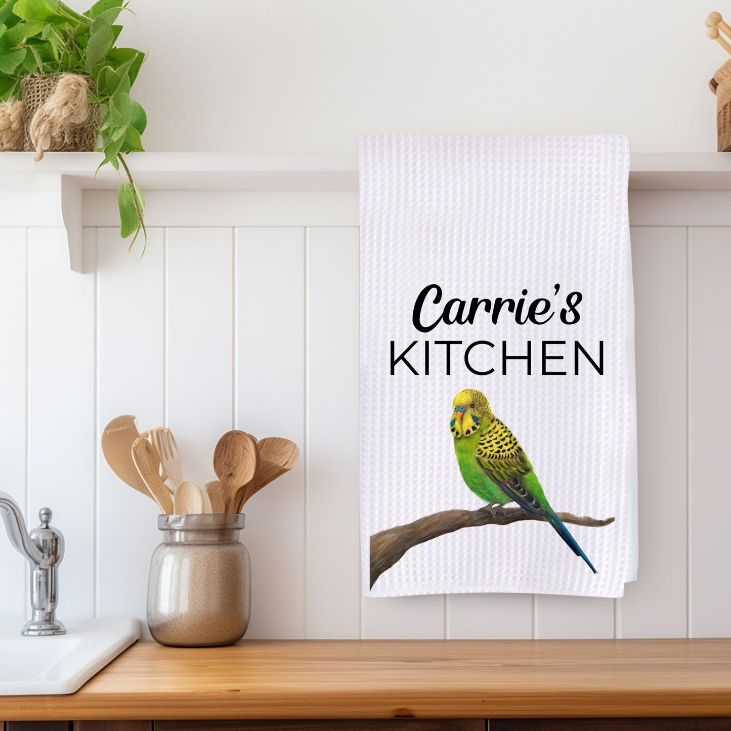 Green Budgerigar Kitchen Towel - MerikaArt
