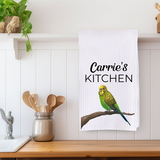 Green Budgerigar Kitchen Towel - MerikaArt