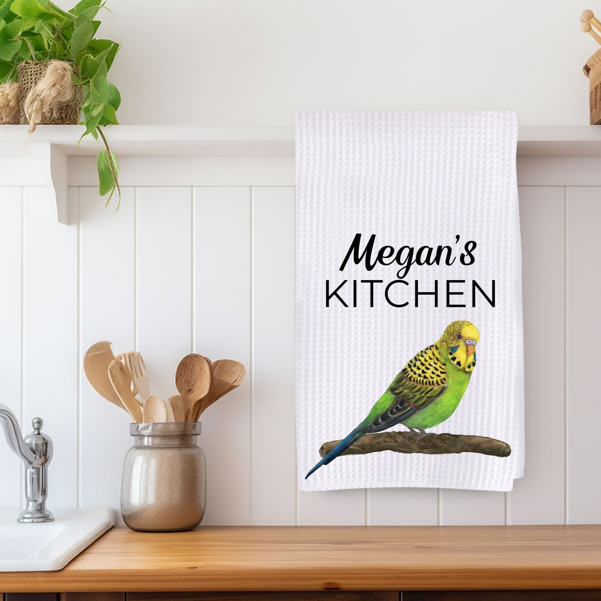 Green Budgerigar Kitchen Towel - MerikaArt