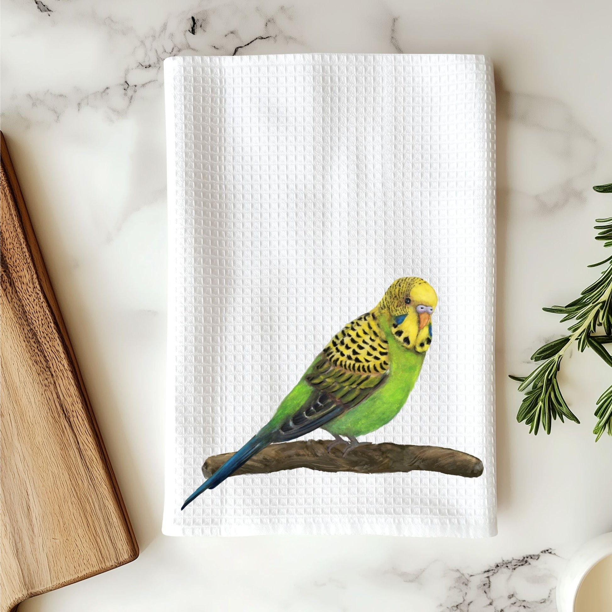 Green Budgerigar Kitchen Towel - MerikaArt