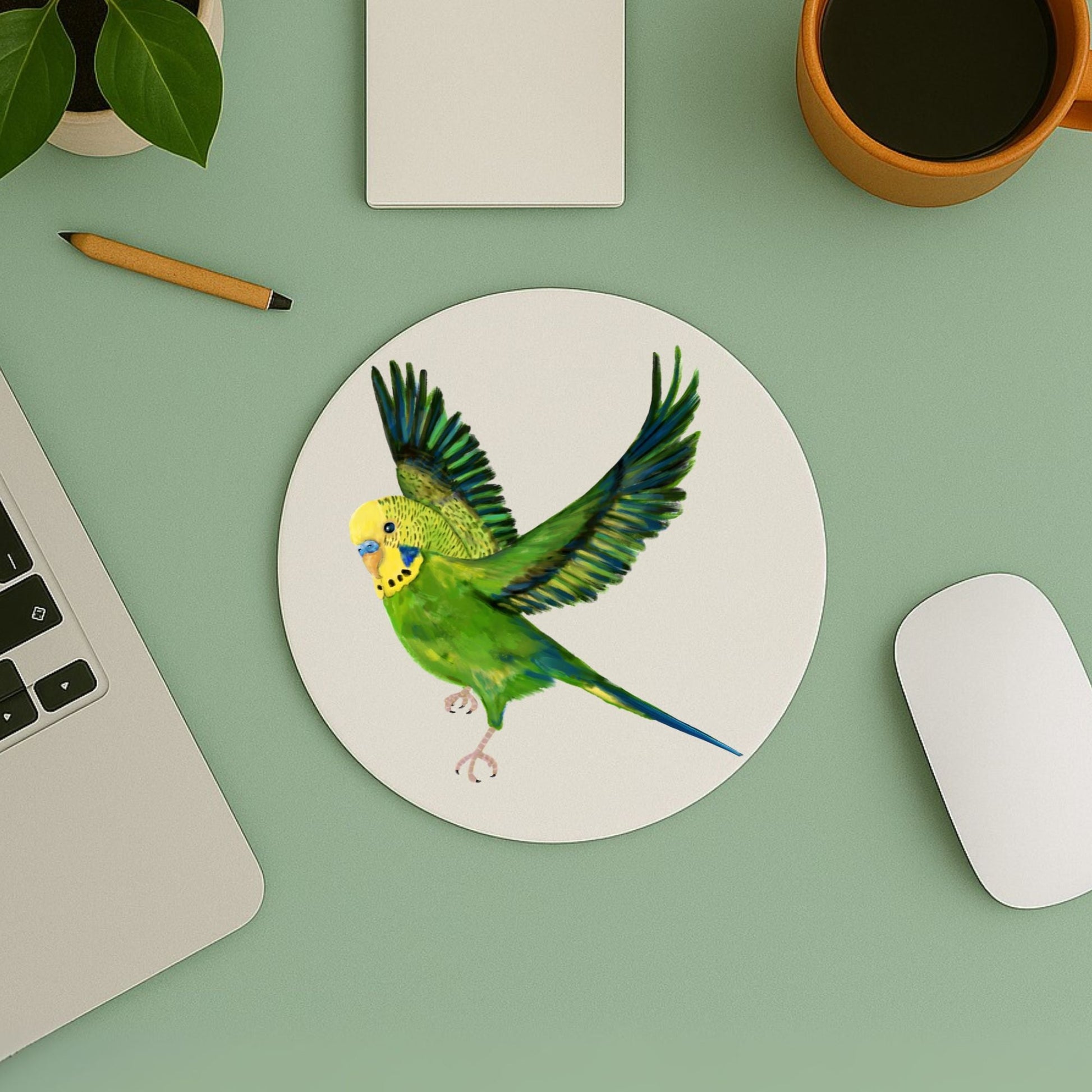 Green Budgerigar Mousepad - MerikaArt