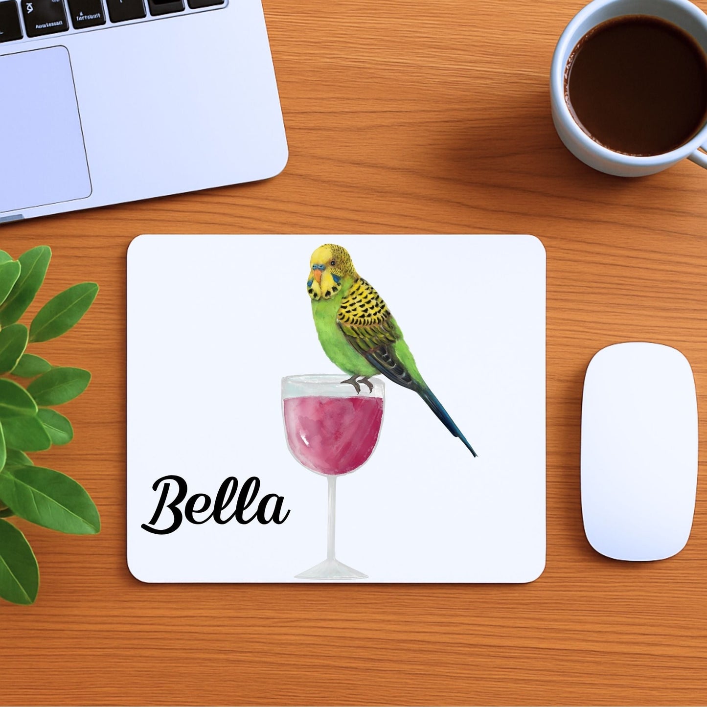 Green Budgerigar on Wine Glass Mousepad - MerikaArt