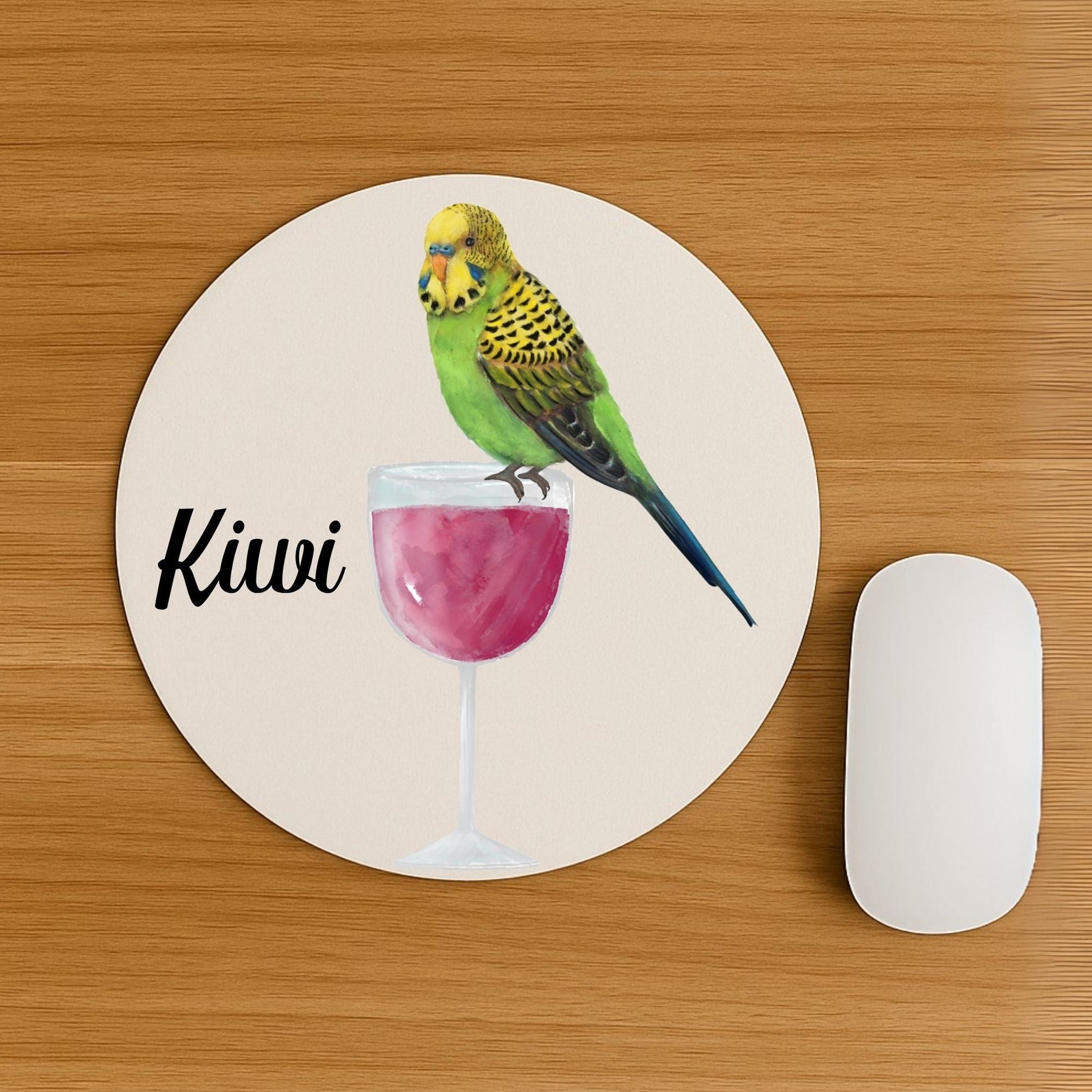 Green Budgerigar on Wine Glass Mousepad - MerikaArt