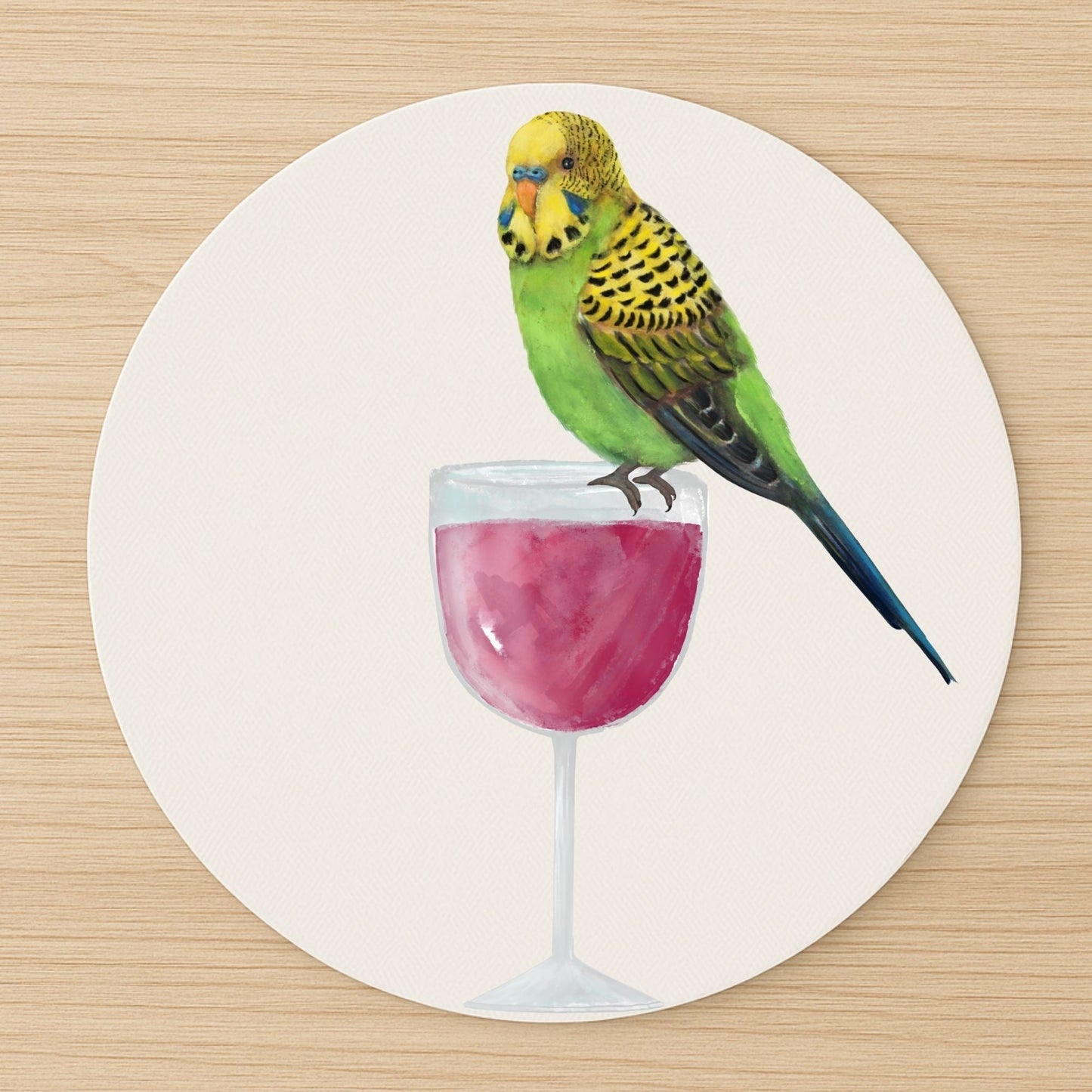 Green Budgerigar on Wine Glass Mousepad - MerikaArt
