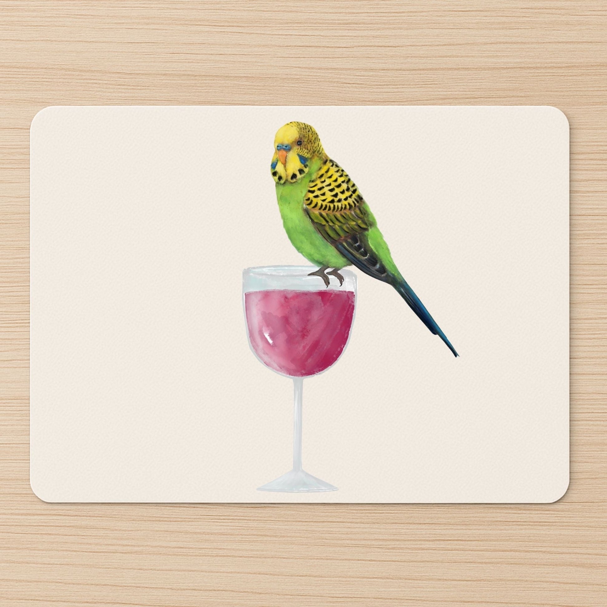 Green Budgerigar on Wine Glass Mousepad - MerikaArt
