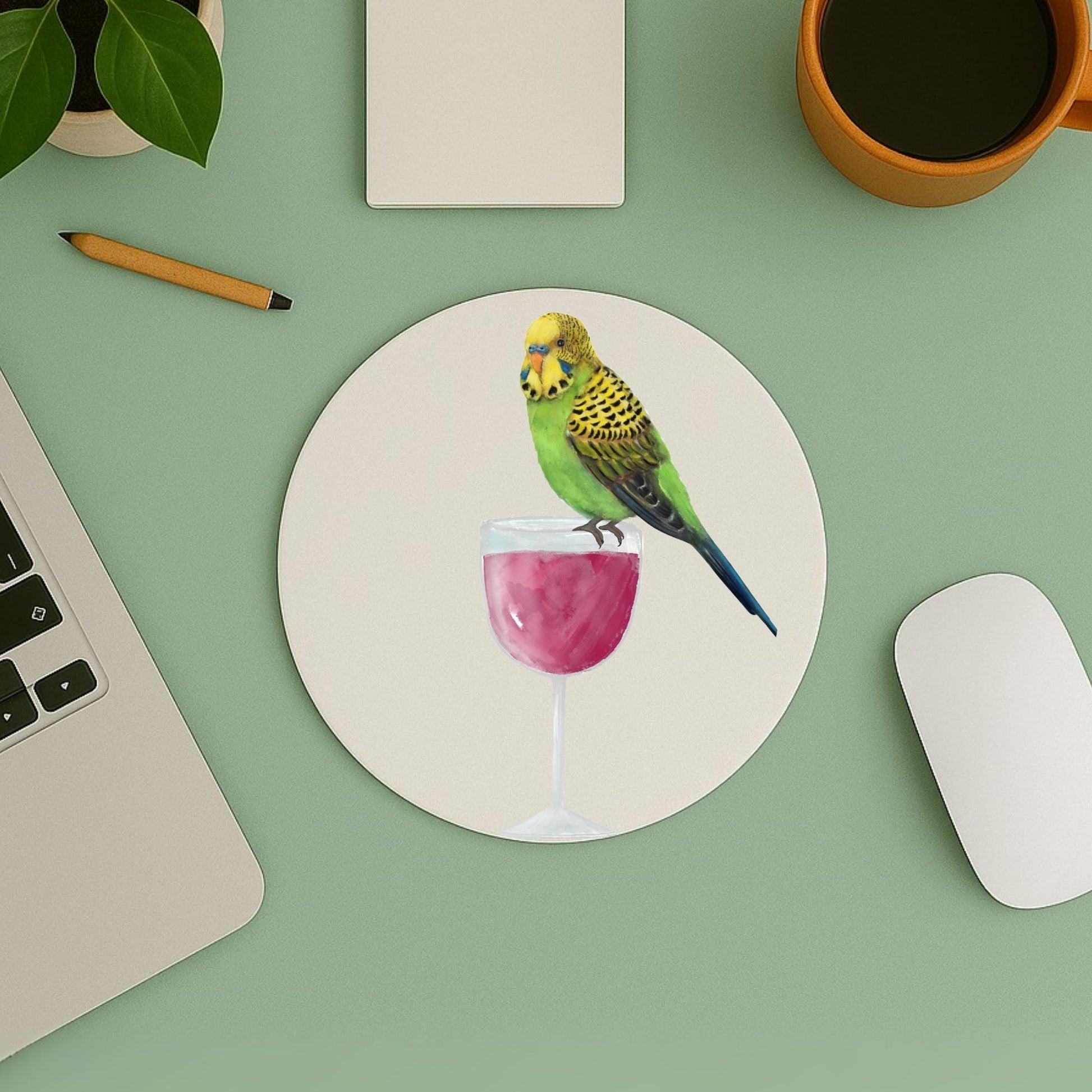 Green Budgerigar on Wine Glass Mousepad - MerikaArt