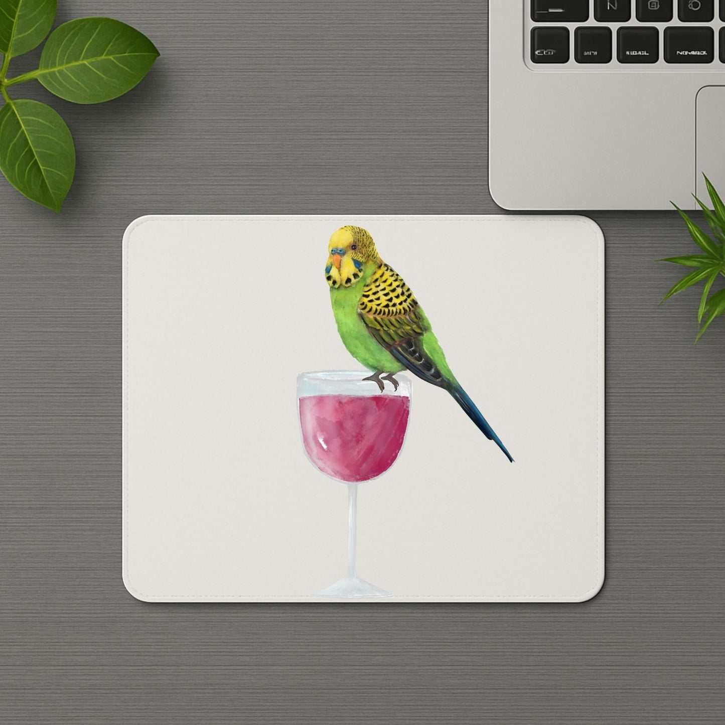 Green Budgerigar on Wine Glass Mousepad - MerikaArt
