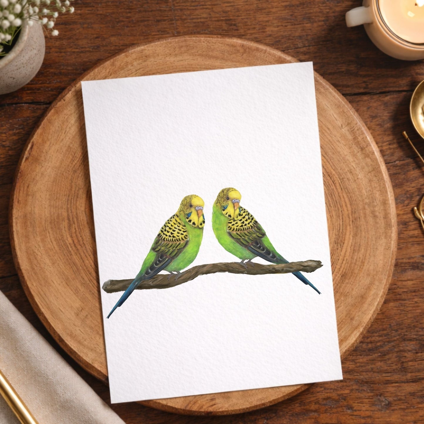 Green Budgerigar Pair Postcard - MerikaArt