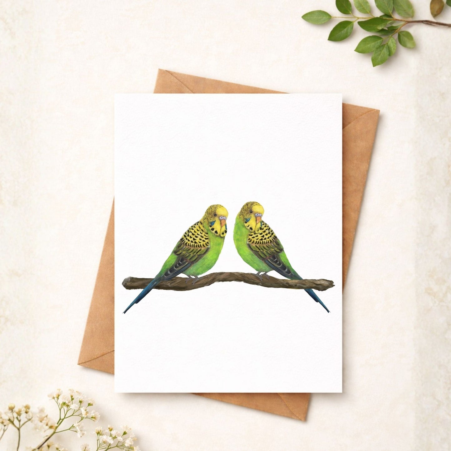 Green Budgerigar Pair Postcard - MerikaArt