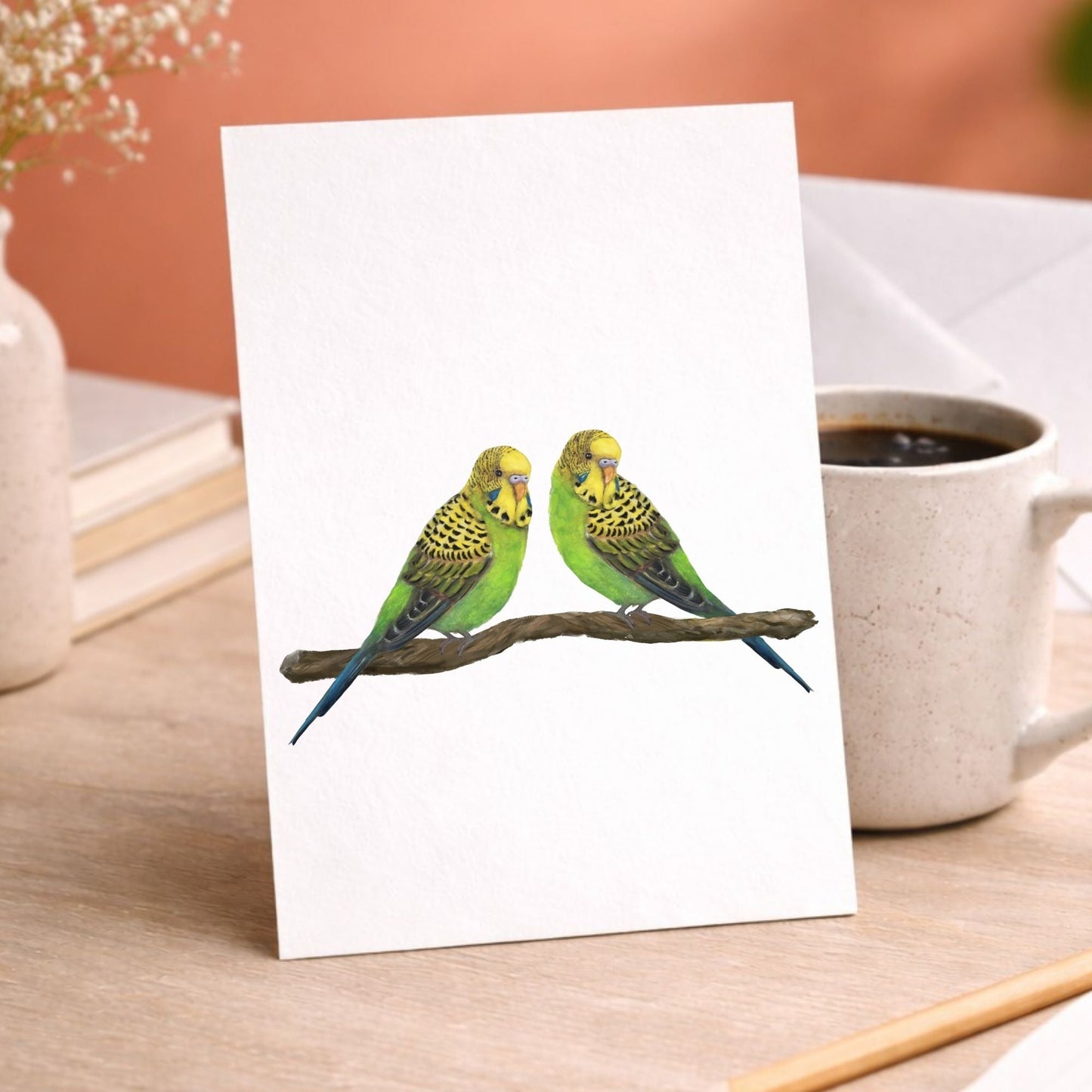 Green Budgerigar Pair Postcard - MerikaArt